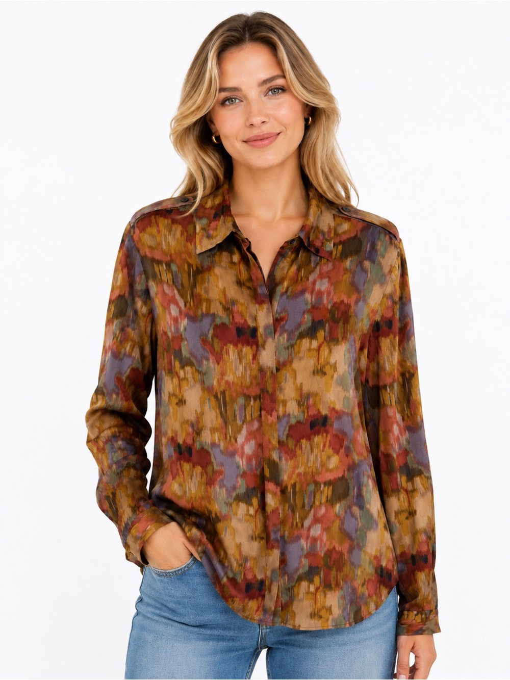 Cassis 100% Silk Button-Down Blouse Large Abstract Roll Tab Sleeve Career Top